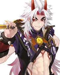 Rule 34 | 1boy, abs, arataki itto, black nails, body markings, club (weapon), facial mark, fingernails, genshin impact, hand on own hip, highres, holding, holding weapon, horns, japanese clothes, long hair, male focus, multicolored hair, nail polish, oni, oni horns, open mouth, parted bangs, penyo1989, red eyes, red hair, sharp fingernails, simple background, solo, spiked hair, spikes, thick thighs, thighs, toned, toned male, vision (genshin impact), weapon, white background