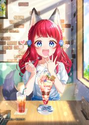 Rule 34 | 1girl, animal ears, artist name, blouse, blue eyes, blush, braid, collar, collarbone, collared shirt, commentary request, commission, drink, drinking straw, female focus, flower, fork, frilled collar, frills, hair flower, hair ornament, hands up, heart, highres, holding, holding spoon, ice, indie virtual youtuber, indoors, jewelry, long hair, looking at viewer, nail polish, necklace, open hand, parfait, fake phone screenshot, puffy short sleeves, puffy sleeves, red hair, sakamichi noboru, senotarou, shirt, shirt tucked in, short sleeves, sitting, smile, solo, spoon, table, tail, teeth, upper body, upper teeth only, virtual youtuber, white shirt, window