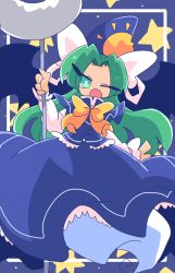 Rule 34 | ;o, blue dress, bow, capelet, dress, ghost, ghost tail, green eyes, green hair, hat, highres, long hair, long sleeves, looking at viewer, mima (touhou), one eye closed, op na yarou, open mouth, solo, staff, star (symbol), sun, touhou, touhou (pc-98), wings, wizard, wizard hat, yellow bow