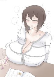 Rule 34 | 1girl, blush, book, breast rest, breasts, breasts on table, brown hair, cleavage, closed eyes, covered erect nipples, girls und panzer, highres, holding, holding pen, huge breasts, nishizumi maho, pen, short hair, solo, unbuttoned, urabashi, white background