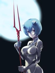 Rule 34 | 1girl, ayanami rei, backlighting, bident, blue hair, blurry, bodysuit, breasts, closed mouth, deadball iwata, depth of field, expressionless, from side, full moon, hair ornament, highres, holding, holding weapon, interface headset, lance of longinus (evangelion), looking at viewer, looking to the side, medium breasts, moon, neon genesis evangelion, pilot suit, plugsuit, polearm, red eyes, short hair, solo, upper body, weapon, white bodysuit