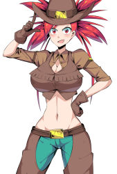 Rule 34 | 1girl, :d, alternate costume, arm strap, blush, breasts, brown gloves, brown hat, brown shirt, brown vest, chaps, cleavage, collarbone, collared shirt, commentary request, cowboy hat, cowboy shot, creatures (company), crop top, flannery (pokemon), game freak, gloves, green pants, groin, gym leader, hand on own hip, hand up, hat, highres, index finger raised, large breasts, looking at viewer, midriff, navel, nintendo, open mouth, pants, partially unbuttoned, pokemon, pokemon rse, red eyes, red hair, shimure (460), shirt, short sleeves, simple background, smile, solo, spiked hair, standing, sweatdrop, vest, white background