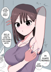 Rule 34 | 1girl, arm behind head, armpits, blush, breasts, brown hair, cleavage, covered erect nipples, double v, earrings, english text, flying sweatdrops, hard-translated, heart, highres, japanese text, jewelry, large breasts, long hair, looking at viewer, original, pink eyes, pink nails, presenting armpit, solo, third-party edit, toothbrush, translated, v, zurikishi