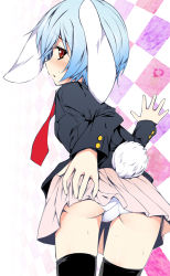 Rule 34 | 1girl, animal ears, ass, black thighhighs, blazer, blue hair, blush, chima q, clothes lift, floppy ears, from behind, highres, jacket, lifted by self, long sleeves, looking at viewer, looking back, miniskirt, necktie, panties, pink skirt, pleated skirt, rabbit ears, rabbit tail, red eyes, red necktie, reisen, short hair, simple background, skirt, skirt lift, solo, standing, sweat, tail, thighhighs, touhou, underwear, white background, white panties