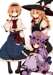 Rule 34 | 3girls, alice margatroid, bad id, bad pixiv id, blonde hair, blue eyes, boots, crescent, crescent moon, dress, female focus, fuurin (omaemona), hair ribbon, hairband, hat, kirisame marisa, moon, multiple girls, patchouli knowledge, purple eyes, purple hair, ribbon, touhou, witch, witch hat, yellow eyes