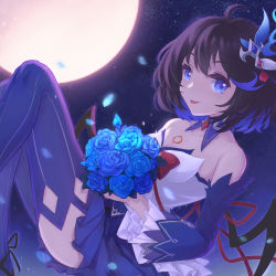 Rule 34 | 1girl, :d, ahoge, bare shoulders, blue eyes, blue flower, blue hair, blue rose, blue sleeves, blue thighhighs, bob cut, bouquet, breasts, cleavage, detached sleeves, dress, flower, full moon, hair ornament, highres, holding, holding bouquet, honkai (series), honkai impact 3rd, jie mo jiang, looking at viewer, moon, night, night sky, open mouth, outdoors, petals, rose, seele vollerei, seele vollerei (swallowtail phantasm), short hair, sky, smile, solo, thighhighs, white dress