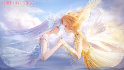 Rule 34 | 2girls, 3d, blonde hair, blush, closed eyes, cloud, commentary, copyright name, day, dress, earrings, english commentary, fairy wings, flying, gloves, highres, holding hands, jewelry, lips, long hair, makeup, multiple girls, necklace, official art, ring, shining nikki, tiara, white dress, white gloves, white hair, wind, wings, yellow dress