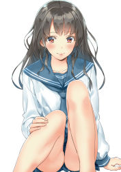 Rule 34 | 1girl, arm support, bare legs, black hair, blouse, blue necktie, blush, brown eyes, clenched hand, colored eyelashes, commentary request, kinugasa yuuichi, long hair, long sleeves, looking at viewer, necktie, original, plaid, plaid skirt, pleated skirt, shirt, simple background, sitting, skirt, smile, solo, white background, white shirt