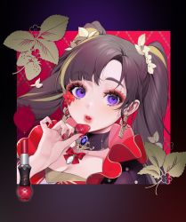 Rule 34 | 1girl, black hair, breasts, cleavage, collarbone, commentary, face, flower, food, fruit, green hair, hair flower, hair ornament, highres, holding, holding food, holding fruit, lipstick, long hair, looking at viewer, makeup, multicolored hair, nail polish, ohisashiburi, parted lips, purple eyes, red lips, red nails, shining star, solo, soshim-i (shining star), strawberry, twintails, two-tone hair, white flower