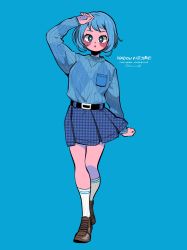 Rule 34 | 1girl, absurdres, anna (aannnaa3), argyle, argyle clothes, argyle sweater, arm up, belt, black belt, blue background, blue eyes, blue hair, blue skirt, blush, boku no hero academia, breast pocket, brown footwear, character name, commentary, copyright name, full body, hadou nejire, highres, kneehighs, long sleeves, looking at viewer, pleated skirt, pocket, shoes, short hair, simple background, skirt, socks, solo, standing, sweater, sweater tucked in, symbol-only commentary, white socks