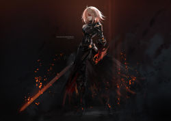 Rule 34 | 1girl, ahoge, armor, armored boots, asymmetrical arms, blonde hair, boots, breastplate, commentary, embers, english commentary, fantasy, flaming weapon, glowing, glowing hand, glowing sword, glowing weapon, hair over one eye, highres, holding, holding sword, holding weapon, knight, lama 064, looking at viewer, original, pauldrons, plate armor, red eyes, shoulder armor, single bare shoulder, single pauldron, solo, standing, sword, waist cape, weapon