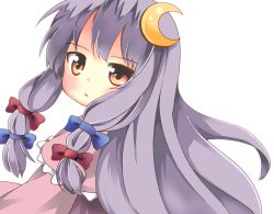 Rule 34 | 1girl, blush, capelet, crescent, crescent hair ornament, cycloneyukari, from side, hair ornament, hair ribbon, long hair, looking at viewer, looking back, no headwear, orange eyes, parted lips, patchouli knowledge, pink capelet, pink robe, purple hair, ribbon, robe, sidelocks, simple background, solo, touhou, tress ribbon, very long hair, white background