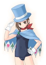 Rule 34 | 1girl, ace attorney, amamiya minato, apollo justice: ace attorney, blue hat, brown eyes, brown hair, capcom, cloak, clubs, diamond (shape), gloves, hand on own hip, hat, heart, magician, one-piece swimsuit, school swimsuit, solo, spade, swimsuit, top hat, trucy wright