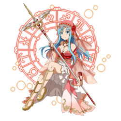 Rule 34 | asuna (sao-alo), bare shoulders, blue eyes, blue hair, blush, dress, highres, long hair, smile, staff, sword art online