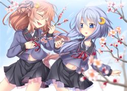 Rule 34 | 10s, 2girls, bad id, bad pixiv id, blue eyes, blue hair, blush, branch, brown hair, crescent, closed eyes, flower, hair ornament, ina (inadahime), kantai collection, long hair, long sleeves, multiple girls, navel, personification, school uniform, short hair with long locks, skirt, uzuki (kancolle), yayoi (kancolle)