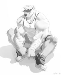 Rule 34 | 1boy, bandaid, bandaid on face, bandaid on nose, bara, bear boy, ben (rollingstonex6), bored, calf, from above, furry, furry male, greyscale, hat, highres, large hands, large pectorals, leggings under shorts, male focus, mature male, monochrome, muscular, muscular male, original, pectoral cleavage, pectorals, rollingstonex6, shoes, short hair, sitting, sneakers, solo, spread legs, tank top, thick eyebrows, white hair, white tank top