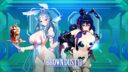 2girls absurdres armpits barcode barcode_tattoo black_gloves blue_bow blue_bowtie blue_ribbon blush bow bowtie breast_press breasts brown_dust_(series) brown_dust_2 cleavage copyright_name covered_navel covered_pussy drone elbow_gloves expressionless food frilled_thighhighs frills full-face_blush gloves grey_hair groin hair_between_eyes hair_ribbon heart_maebari heart_pasties highleg highleg_leotard highres holding holding_tray ice_cream large_breasts latex latex_gloves leotard loen_(brown_dust_2) long_hair looking_at_viewer maebari medium_hair meme_attire morpeah_(brown_dust) multiple_girls navel non-web_source official_art official_wallpaper open_mouth pantyhose parfait pasties playboy_bunny purple_eyes purple_hair red_eyes reverse_bunnysuit reverse_outfit ribbon second-party_source short_twintails sideboob skindentation stomach sweat tattoo thigh_strap thighhighs torn_clothes torn_pantyhose tray twintails underboob very_long_hair white_thighhighs white_wrist_cuffs wrist_cuffs