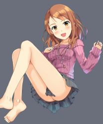 Rule 34 | 10s, 1girl, barefoot, blush, breasts, brown eyes, brown hair, fingernails, houjou karen, idolmaster, idolmaster cinderella girls, jewelry, long hair, looking at viewer, mouse (frankhell), nail polish, necklace, no panties, open mouth, planbdawa, ribbed sweater, simple background, sketch, smile, solo, sweater, upskirt