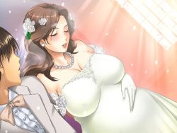 Rule 34 | 1boy, 1girl, breasts, bridal veil, bride, character request, dress, game cg, gloves, huge breasts, impossible clothes, impossible shirt, jpeg artifacts, linda, parthenon (company), pregnant, satisfaction kindan no renkou, shirt, source request, veil, wedding dress