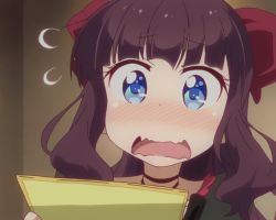 Rule 34 | 10s, 1girl, animated, animated gif, blue eyes, brown hair, choker, flustered, looking at viewer, marker, new game!, open mouth, solo, takimoto hifumi, wavy mouth