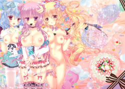 Rule 34 | 3girls, :o, alternate hair color, babydoll, black legwear, blonde hair, blue hair, blunt bangs, blush, breasts, cameltoe, candy, chocolate, choker, cleavage, collarbone, convenient censoring, corset, crescent, crescent hair ornament, double bun, fang, female focus, flandre scarlet, food, fork, fruit, garter belt, garter straps, gloves, hair bun, hair ornament, hair ribbon, heart, large breasts, long hair, looking at viewer, looking away, magic circle, mouth hold, multiple girls, navel, nipples, no bra, no panties, nude, open mouth, panties, panty pull, pantyhose, patchouli knowledge, pekopokox, purple eyes, purple hair, pussy juice, red eyes, remilia scarlet, ribbon, short hair, side ponytail, strawberry, stuffed animal, stuffed toy, teddy bear, thighband pantyhose, thighhighs, touhou, underwear, very long hair, white gloves, white legwear, white panties, wrist cuffs