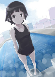 Rule 34 | 1girl, black eyes, black hair, black one-piece swimsuit, breasts, day, foreshortening, hitori (htr t), one-piece swimsuit, original, pool, school swimsuit, short hair, small breasts, solo, standing, swimsuit