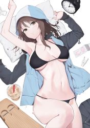 Rule 34 | 1girl, alarm clock, armpits, arms up, bare shoulders, bikini, bikini under clothes, black bikini, blue hat, bottle, breasts, brown eyes, brown hair, bubble tea, cleavage, clock, collarbone, condom, condom packet strip, condom wrapper, cup, disposable cup, drinking straw, girls und panzer, hat, highres, instrument, jacket, kantele, keizoku military uniform, large breasts, long hair, looking at viewer, lying, mika (girls und panzer), muteki soda, on back, pillow, smile, solo, string bikini, swimsuit, track jacket, underboob, water bottle