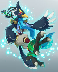 Rule 34 | 1boy, anklet, armor, beak, bird boy, bird legs, bird wings, blue scarf, blue tail, blue wings, braid, closed mouth, feathered wings, full body, furry, furry male, gradient background, green eyes, grey background, hand on own hip, highres, jewelry, light particles, male focus, multicolored tail, multicolored wings, multiple braids, nintendo, revali, rito, scarf, shoulder armor, smile, solo, tail, talons, the legend of zelda, the legend of zelda: breath of the wild, two-tone wings, ukata, white tail, white wings, wings
