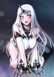 Rule 34 | 10s, 1girl, abyssal ship, arm support, blue background, blush, breasts squeezed together, breasts, claws, detached sleeves, eyelashes, glowing, glowing eyes, highres, horns, kantai collection, kazan002, large breasts, long hair, looking at viewer, open mouth, pale skin, red eyes, ribbed sweater, seaport princess, single horn, sitting, solo, sweater, v arms, very long hair, white hair, yokozuwari