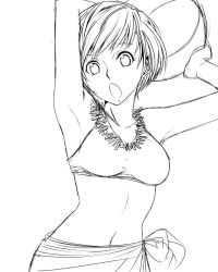 Rule 34 | 1girl, :o, armpits, arms up, atlus, ball, breasts, female focus, greyscale, jewelry, lineart, midriff, monochrome, navel, necklace, open mouth, persona, persona 4, satonaka chie, short hair, solo, suta furachina, white background