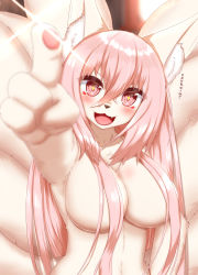 Rule 34 | 1girl, animal ears, animal nose, breasts, cleavage, fox ears, fox girl, fox tail, furry, furry female, highres, horokusa (korai), large breasts, looking at viewer, original, pink eyes, pink hair, pointing, pointing at viewer, solo, sparkling eyes, tail, translation request, upper body, white fur