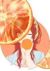Rule 34 | 1girl, absurdres, artist request, brown hair, commentary request, food, fruit, highres, idolmaster, idolmaster shiny colors, long hair, looking at viewer, one eye closed, orange (fruit), orange background, orange slice, osaki amana, solo, two-tone background, upper body, white background, yellow eyes