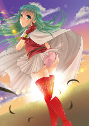 Rule 34 | 1girl, aqua eyes, aqua hair, artist request, ass, belt, boots, bracelet, cape, clothes lift, dress, eirika (fire emblem), fire emblem, fire emblem: the sacred stones, from behind, gloves, jewelry, long hair, looking at viewer, looking back, nintendo, panties, pink panties, red thighhighs, shiny skin, skirt, skirt lift, smile, solo, sunset, thighhighs, underwear, wind, wind lift