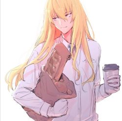 Rule 34 | 1boy, bag, bishounen, blonde hair, bread, coffee cup, cup, disposable cup, fate/grand order, fate (series), food, gloves, highres, kirschtaria wodime, long hair, male focus, paper bag, sabamori, solo, white background, white gloves