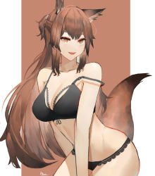 Rule 34 | 1girl, :d, absurdres, ai-bon, animal ears, arknights, bare arms, bare shoulders, black bra, black panties, bra, breasts, brown eyes, brown hair, cleavage, commentary, cowboy shot, eyeshadow, fox ears, fox tail, franka (arknights), half updo, highres, lace, lace-trimmed panties, lace trim, large breasts, long hair, looking at viewer, makeup, open mouth, panties, smile, solo, stomach, strap slip, tail, underwear, underwear only, very long hair