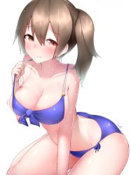 Rule 34 | 10s, 1girl, bare arms, between legs, bikini, blue bikini, blush, boruhis, breasts, brown eyes, brown hair, cleavage, closed mouth, collarbone, eyebrows, front-tie top, hair between eyes, hand between legs, highres, kaga (kancolle), kantai collection, large breasts, long hair, looking at viewer, motion lines, side-tie bikini bottom, side ponytail, simple background, solo, stomach, sweat, swimsuit, white background