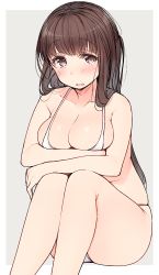 Rule 34 | 1girl, bikini, blush, breasts, brown eyes, brown hair, cleavage, collarbone, curvy, grey background, large breasts, legs together, long hair, looking at viewer, micro bikini, nekoume, original, parted lips, sitting, solo, swimsuit, thighs, two-tone background, white background, white bikini