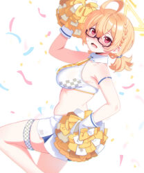 Rule 34 | 1girl, aa2mee, absurdres, ahoge, arm up, armpits, bare shoulders, black-framed eyewear, blonde hair, blue archive, blush, braid, breasts, cheerleader, clothes writing, collar, commentary, confetti, double-parted bangs, feet out of frame, from side, glasses, gloves, hair between eyes, halo, halterneck, hand on own hip, highres, holding, holding pom poms, kotori (blue archive), kotori (cheer squad) (blue archive), large breasts, leg up, looking ahead, low twintails, midriff, millennium cheerleader outfit (blue archive), nose blush, official alternate costume, official alternate hairstyle, open mouth, plump, pom pom (cheerleading), pom poms, rectangular eyewear, red eyes, short twintails, side braid, simple background, skindentation, skirt, solo, stomach, sweat, tearing up, thigh strap, twintails, wavy mouth, white background, white collar, white gloves, white skirt, yellow halo