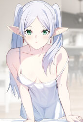 Rule 34 | 1girl, elf, entogman, frieren, green eyes, highres, nightgown, pointy ears, sousou no frieren, twintails, white hair