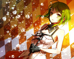 Rule 34 | 1girl, ahoge, argyle, argyle background, argyle clothes, bare shoulders, black gloves, breasts, checkered background, cleavage, crystal, detached collar, diamond (gemstone), dutch angle, gloves, green eyes, green hair, gumi, looking at viewer, matching hair/eyes, own hands clasped, own hands together, short hair, sleeveless, solo, tears, vocaloid, yunco, yuzuki kihiro