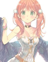 Rule 34 | 1girl, atelier (series), atelier escha &amp; logy, bare shoulders, blush, bracelet, breasts, choker, cleavage, collarbone, escha malier, green eyes, hair ornament, hani (udauda), holding, holding clothes, jewelry, long hair, looking at viewer, medium breasts, open mouth, simple background, solo, twintails, upper body, white background