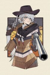 Rule 34 | 1girl, alisaie leveilleur, black hat, blue eyes, border, brown gloves, closed mouth, commentary, commission, cowboy hat, cropped legs, dual wielding, final fantasy, final fantasy xiv, gloves, grey hair, gun, handgun, hat, herheim, highres, holding, holding gun, holding weapon, medium hair, outside border, pointy ears, smile, solo, weapon, white border