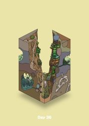 Rule 34 | bush, canyon, commentary request, diorama, fish, gozz, highres, isometric, looking up, original, plant, skull, stream, water, yellow background