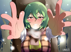 Rule 34 | 1girl, ascot, blush, female focus, foreshortening, green hair, incoming hug, kazami yuuka, looking at viewer, okachi, outstretched hand, plaid, plaid vest, red eyes, scarf, shirt, short hair, smile, snow, solo, touhou, vest