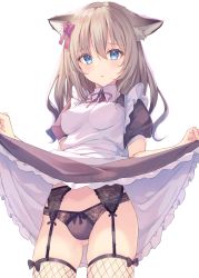 Rule 34 | 1girl, animal ear fluff, animal ears, apron, black dress, black panties, blue eyes, blush, bow, bow panties, breasts, brown hair, cat ears, collared dress, commentary request, dress, fishnet thighhighs, fishnets, garter belt, gluteal fold, hair between eyes, hair bow, highres, lifted by self, long hair, looking at viewer, maid, maid apron, medium breasts, miyanome, neck ribbon, original, panties, parted lips, pink bow, puffy short sleeves, puffy sleeves, red ribbon, ribbon, short sleeves, simple background, skindentation, solo, thighhighs, underwear, white apron, white background