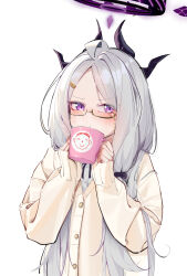 Rule 34 | 1girl, ahoge, bespectacled, black horns, blue archive, blush, buttons, cardigan, closed mouth, cup, demon horns, doodle sensei (blue archive), glasses, grey hair, halo, highres, hina (blue archive), holding, holding cup, horns, long hair, long sleeves, looking at viewer, multiple horns, painterliuhao, purple eyes, sensei (blue archive), shirt, simple background, solo, upper body, white background, white cardigan, white shirt