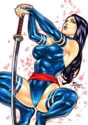 Rule 34 | 1girl, aqua eyes, artist request, ass, ass grab, blue leotard, breasts, bridal gauntlets, cameltoe, clenched hands, curvy, dated, detached sleeves, elbow gloves, fingernails, gloves, highleg, highleg leotard, huge ass, large breasts, leotard, long hair, marvel, painting (medium), psylocke, red sash, revealing clothes, sash, shiny clothes, shiny skin, solo, thong leotard, traditional media, watercolor (medium), wide hips, x-men