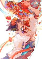 Rule 34 | 2boys, animal ears, blue hair, cat boy, cat ears, cat tail, falling petals, flower, fly away (idolish7), hat, hat flower, highres, hug, idolish7, izumi iori, looking at another, male focus, multiple boys, nanase riku, petals, red hair, short hair, tail, witch hat, zhizhi123