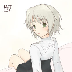 Rule 34 | 00s, 1girl, bare legs, bed, blush, green eyes, hanyu, looking back, no legwear, open mouth, sanya v. litvyak, short hair, signature, silver hair, simple background, sitting, solo, strike witches, world witches series