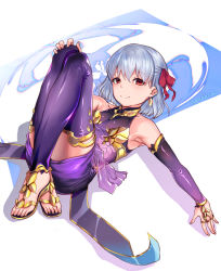 Rule 34 | 1girl, aona (anagasaki), detached sleeves, dress, fate/grand order, fate (series), feet, flat chest, full body, hair between eyes, hair ribbon, hand on own knee, kama (fate), kama (first ascension) (fate), long sleeves, looking at viewer, lying, on back, purple dress, purple legwear, purple sleeves, red eyes, red ribbon, ribbon, shiny clothes, shiny legwear, short dress, short hair, silver hair, sleeveless, sleeveless dress, solo, toes, twitter username